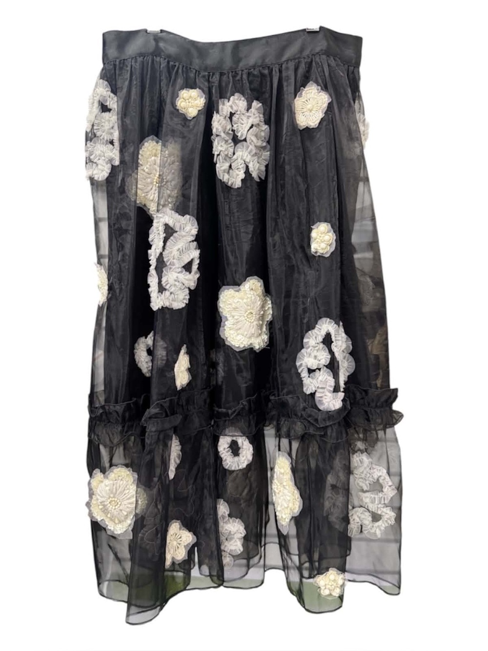 French Connection Black Sheer Maxi Skirt with Cream Floral Appliqués Size S